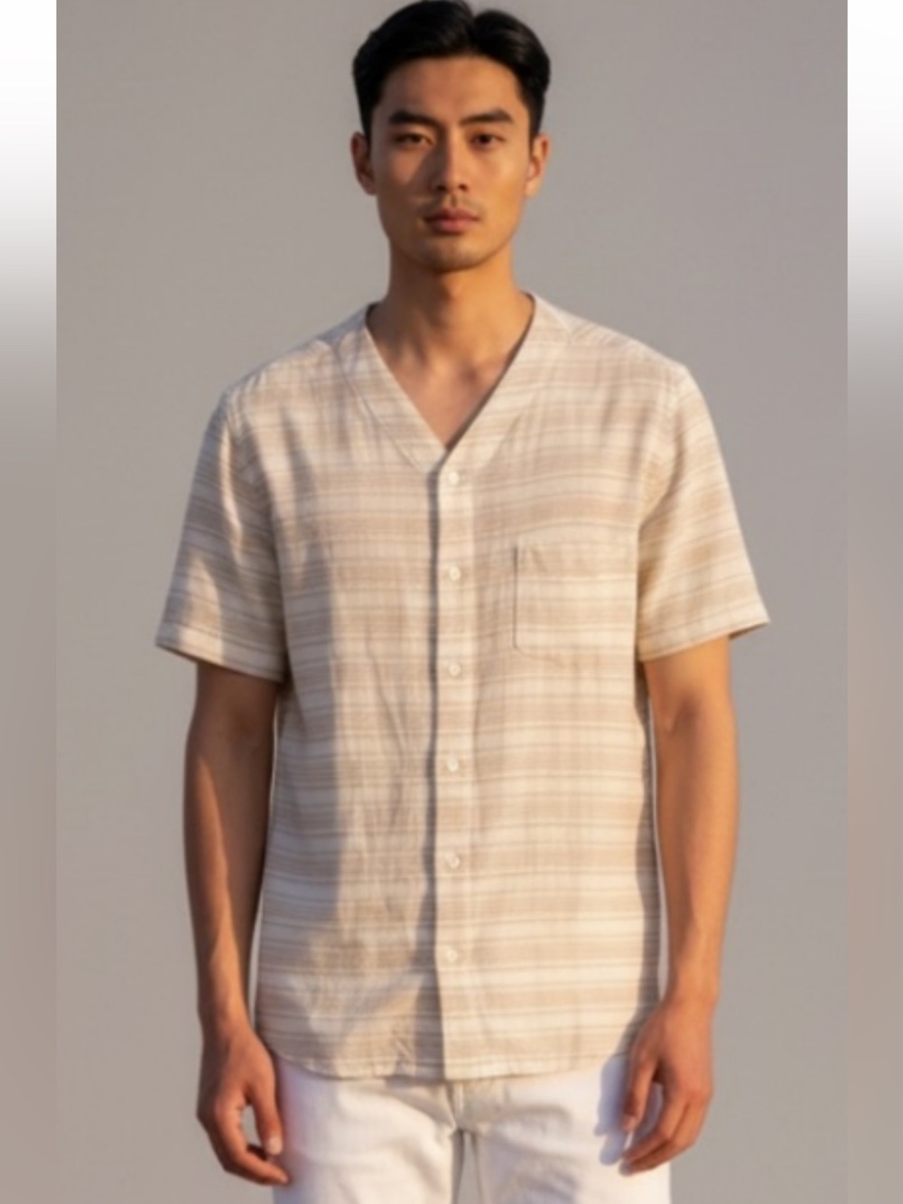 Onia Mens cotton and linen Neutal color button down T-Shirt